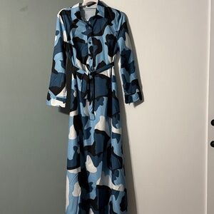 Blue camo Long Sleeve Maxi Dress.Elegant Button Down V Neck Aline Swing
